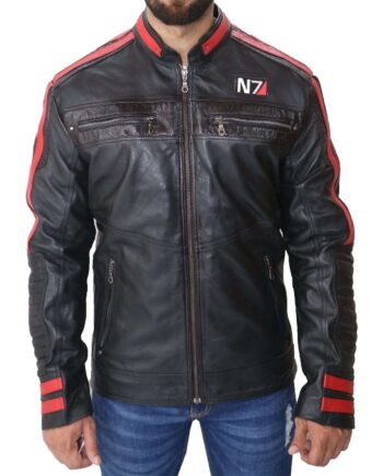 Mens N7 Mass 3 Commander Shepard Black Biker Leather Jacket - Modajacket