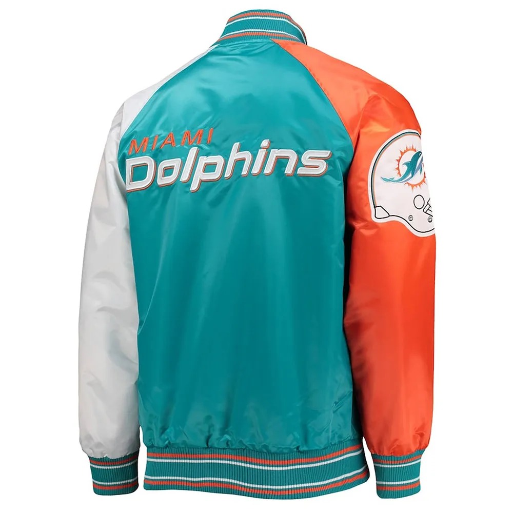Miami Dolphins The Reliever Aqua Varsity Satin Jacket 2 Miami Dolphins The Reliever Aqua Varsity Satin Jacket