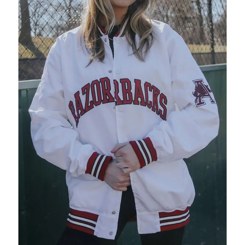 Arkansas Razorbacks White Bomber Jacket 1 Arkansas Razorbacks White Bomber Jacket - Modajacket