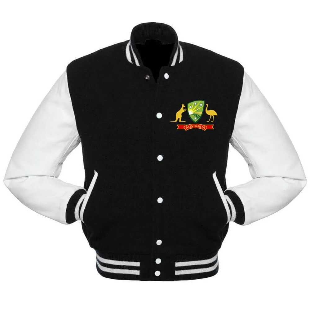 Australia Cricket Team Varsity Black and White Jacket 1 Australia Cricket Team Varsity Black and White Jacket - Modajacket