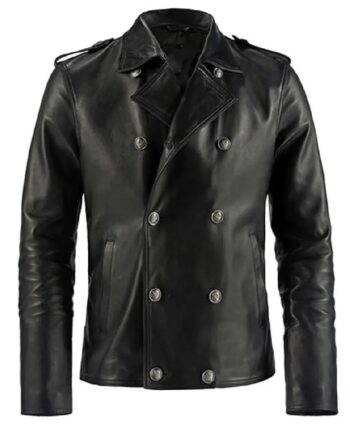Men Double Breasted Black Leather Blazer - Modajacket