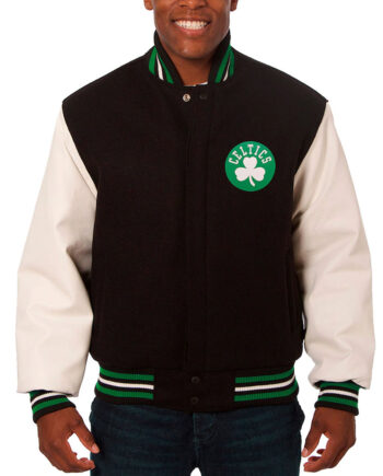 Black/White Boston Celtics Varsity Wool and Leather Jacket - Modajacket