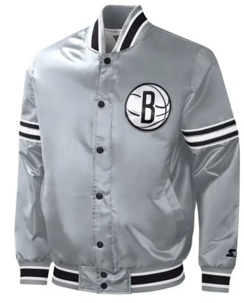 Brooklyn Nets Slider Gray Varsity Satin Jacket - Modajacket