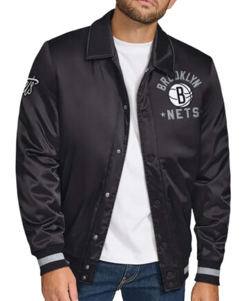 Brooklyn Nets Stitch Applique Black Satin Jacket - Modajacket