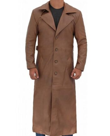 Men Brown Waxed Leather Full Length Coat - Modajacket