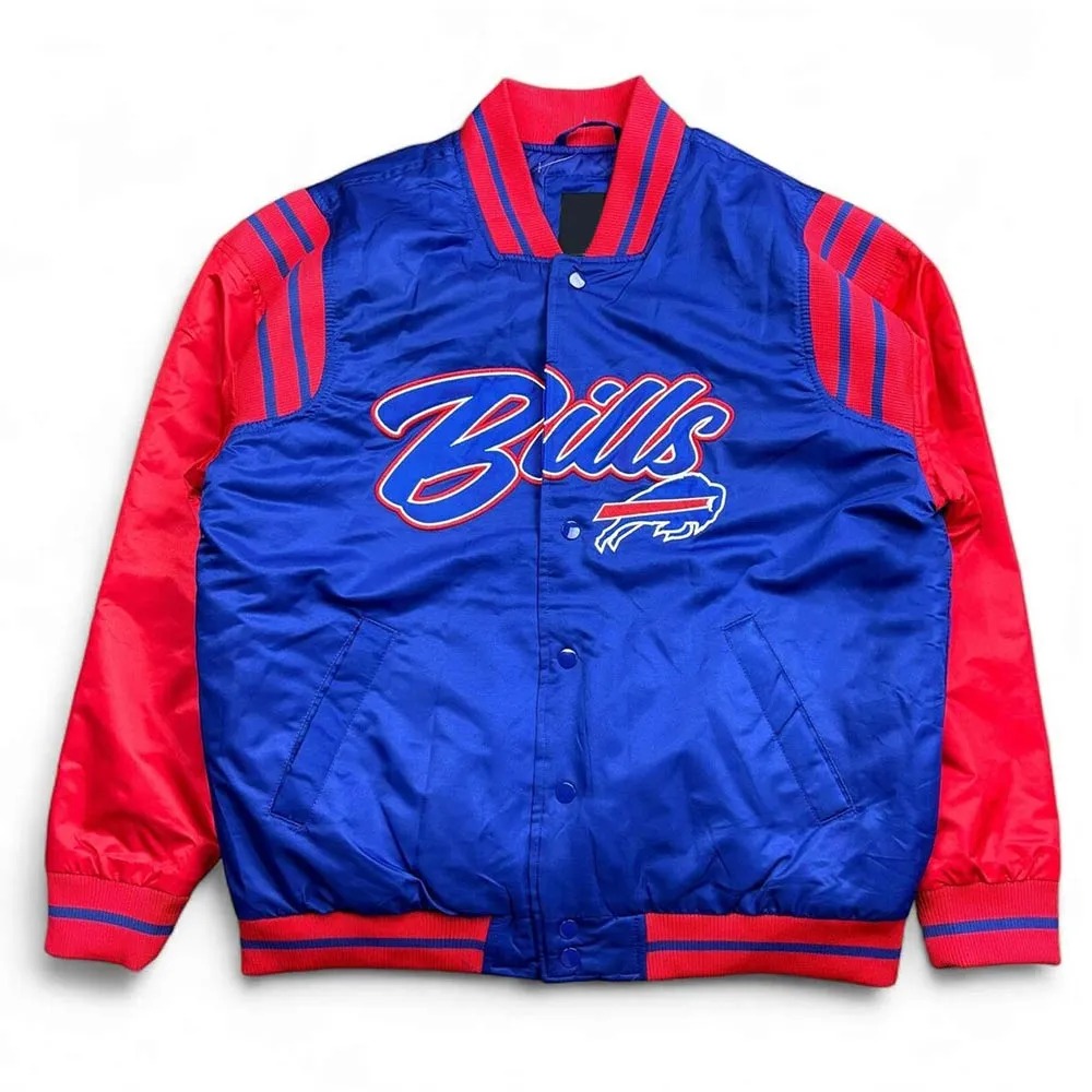Buffalo Bills Button Up Blue and Red Satin Jacket 1 Buffalo Bills Button Up Blue and Red Satin Jacket - Modajacket