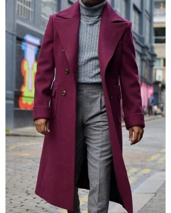 Men Burgundy Wool Trench Coat - Modajacket