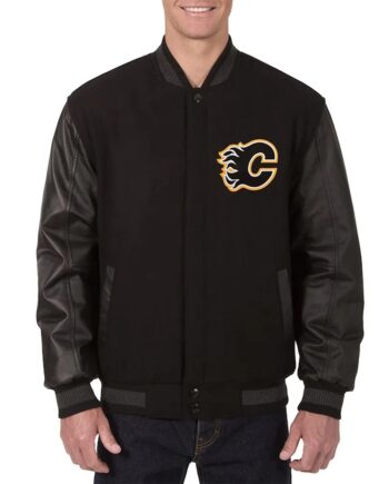 Calgary Flames Varsity Black Wool & Leather Jacket - Modajacket