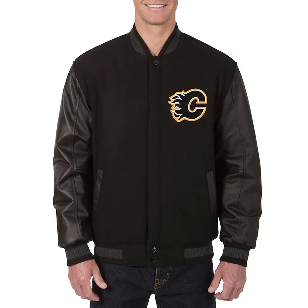 Calgary Flames Varsity Black Wool & Leather Jacket 1 Calgary Flames Varsity Black Wool & Leather Jacket - Modajacket