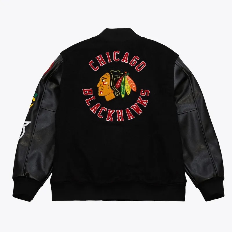 Chicago Blackhawks Black Out Team Logo Varsity Jacket 2 Chicago Blackhawks Black Out Team Logo Varsity Jacket