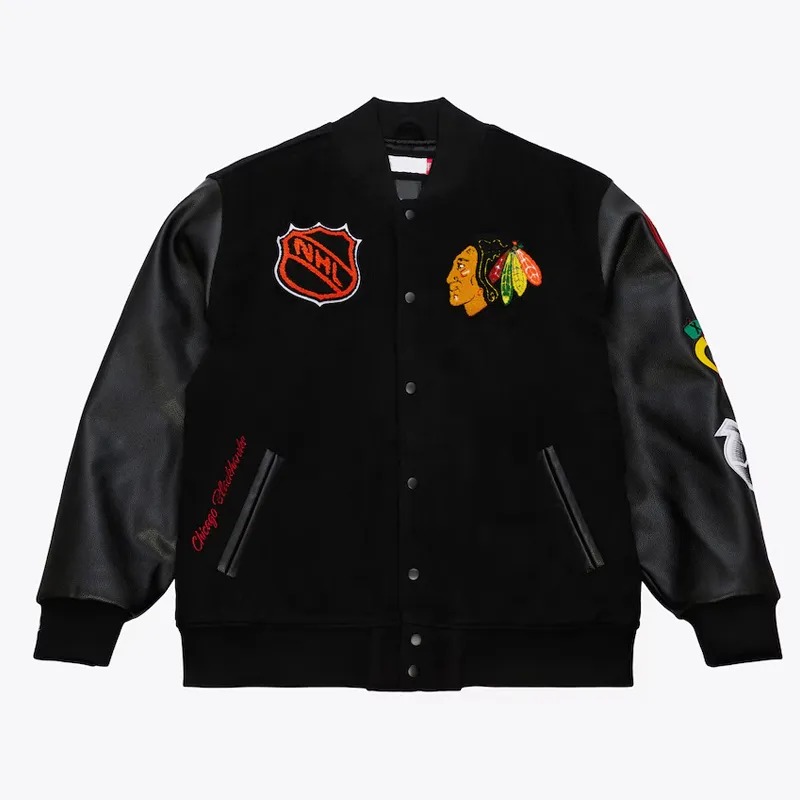Chicago Blackhawks Black Out Team Logo Varsity Jacket 1 Chicago Blackhawks Black Out Team Logo Varsity Jacket - Modajacket