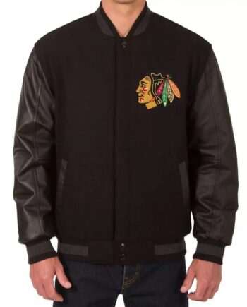 Varsity Chicago Blackhawks Black Wool Leather Jacket - Modajacket