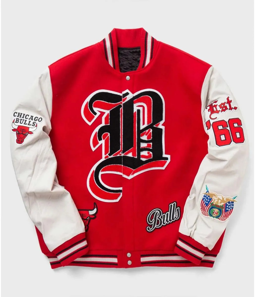 Chicago Bulls Red Wool & White Leather Varsity Letterman Jacket 1 Chicago Bulls Red Wool & White Leather Varsity Letterman Jacket - Modajacket
