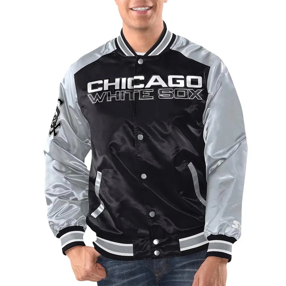 Black/Silver Chicago White Sox Renegade Varsity Satin Jacket 1 Black/Silver Chicago White Sox Renegade Varsity Satin Jacket - Modajacket