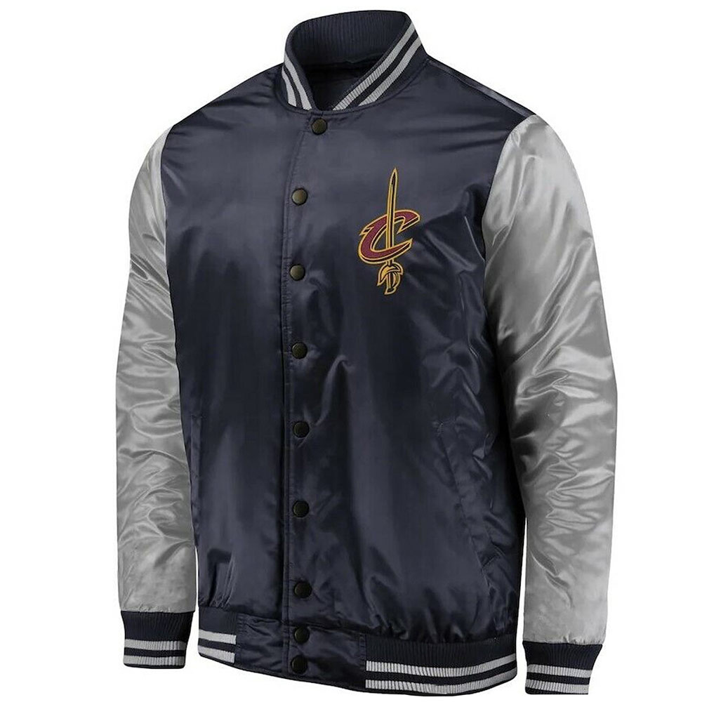 Cleveland Cavaliers Navy and Silver Varsity Satin Jacket 1 Cleveland Cavaliers Navy and Silver Varsity Satin Jacket - Modajacket