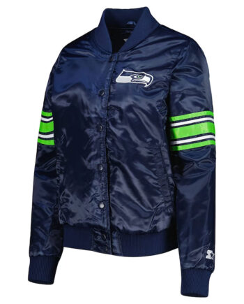 College Navy Seattle Seahawks Line Up Varsity Satin Jacket - Modajacket