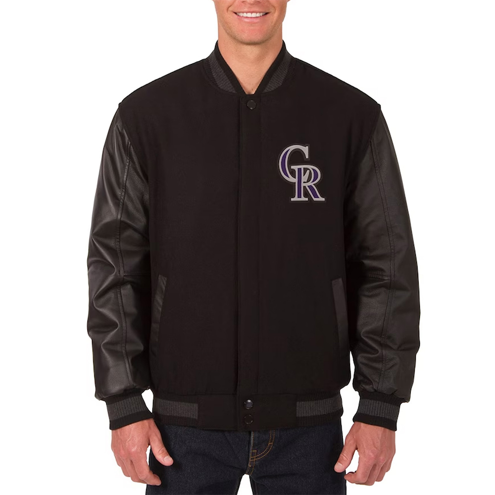 Colorado Rockies Varsity Black Wool/Leather Jacket 1 Colorado Rockies Varsity Black Wool/Leather Jacket - Modajacket