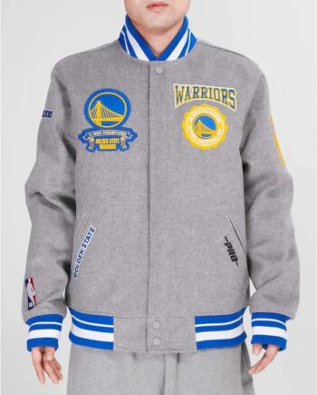 Golden State Warriors Crest Emblem Heather Grey Varsity Wool Jacket - Modajacket
