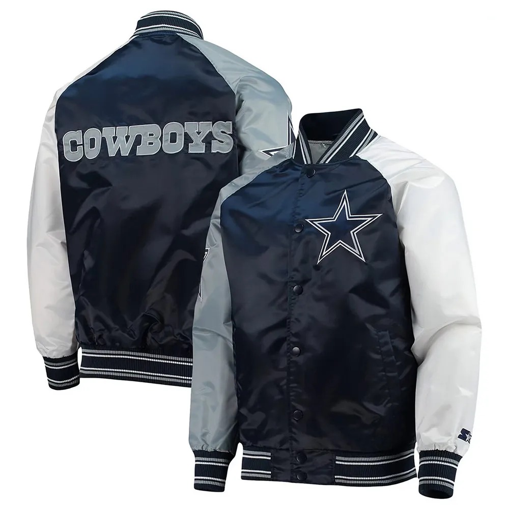 Dallas Cowboys The Reliever Navy White Varsity Satin Jacket 3 Dallas Cowboys The Reliever Navy White Varsity Satin Jacket