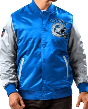 Detroit Lions Blue and Gray Varsity Satin Jacket - Modajacket