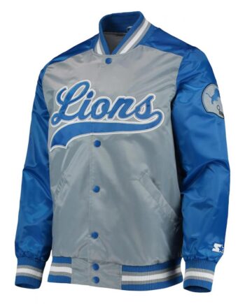 Detroit Lions The Tradition II Varsity Satin Jacket Grey Blue - Modajacket