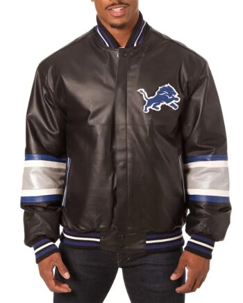 Detroit Lions Striped Varsity Black Leather Jacket - Modajacket