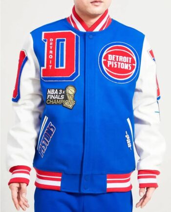 Detroit Pistons Mashup Varsity Royal and White Jacket - Modajacket