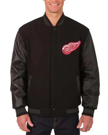Detroit Red Wings Two Hit Varsity Wool & Leather Black Jacket - Modajacket
