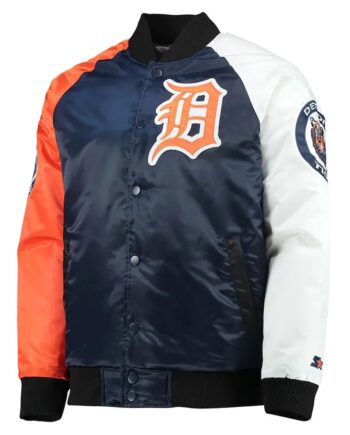 Detroit Tigers Tri-Color Navy Blue Orange Varsity Satin Jacket - Modajacket