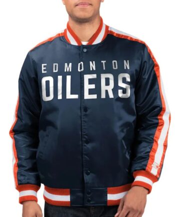 Edmonton Oilers O-Line Navy Varsity Satin Jacket - Modajacket