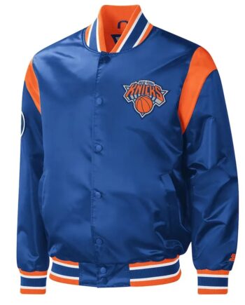 NY Knicks Force Play Varsity Blue Satin Jacket - Modajacket