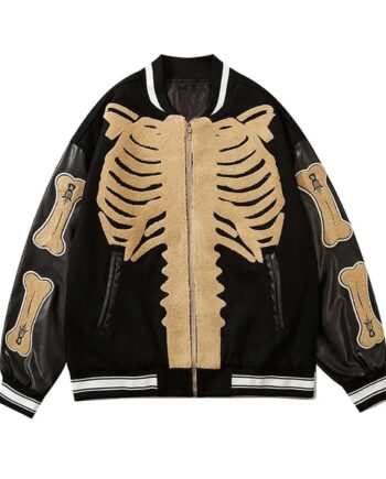 Patchwork Skeleton Furry Bone Black Jacket - Modajacket