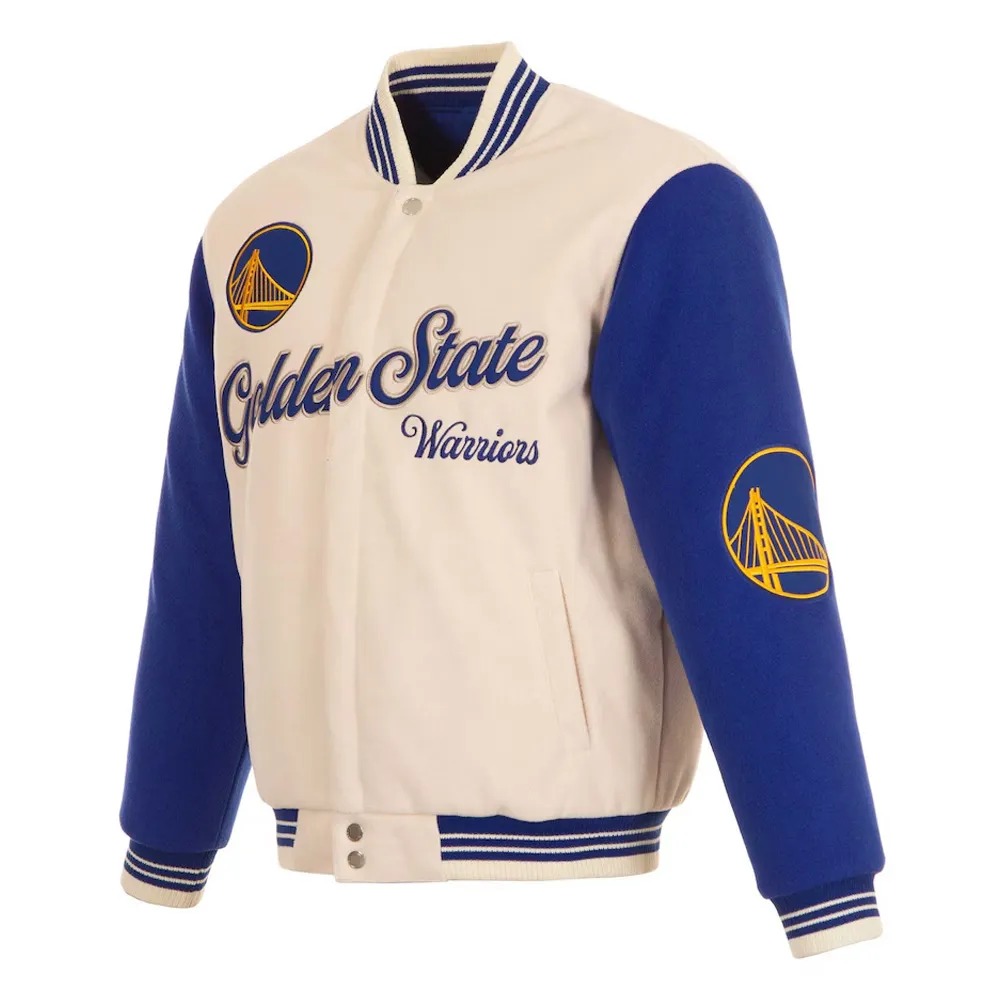 Golden State Warriors Cream and Blue Varsity Jacket 1 Golden State Warriors Cream and Blue Varsity Jacket - Modajacket