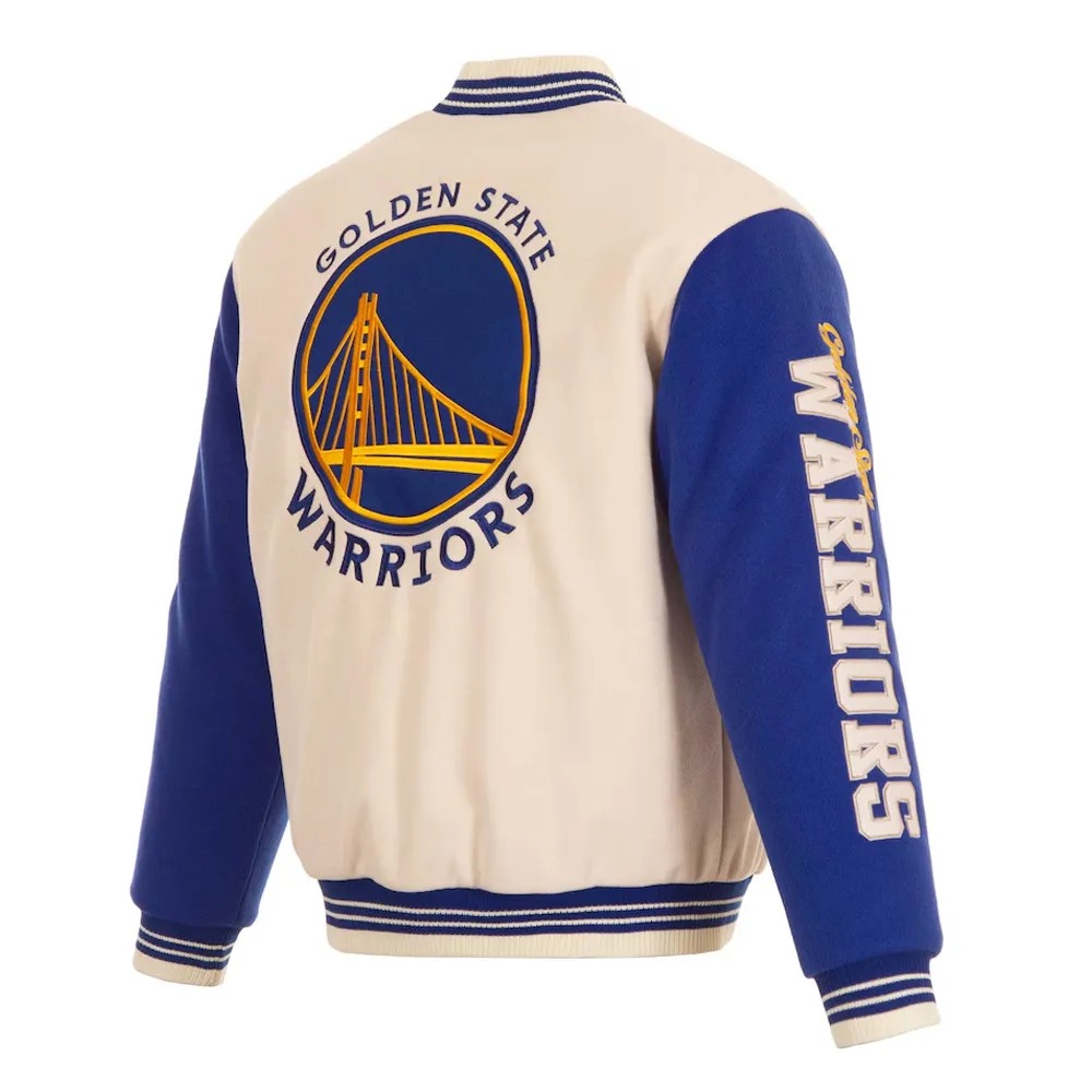 Golden State Warriors Cream and Blue Varsity Jacket 2 Golden State Warriors Cream and Blue Varsity Jacket