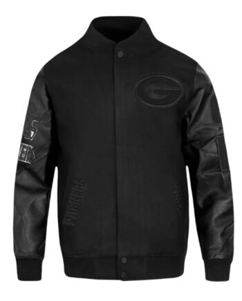Green Bay Packers Triple Black Varsity Wool/Leather Jacket - Modajacket