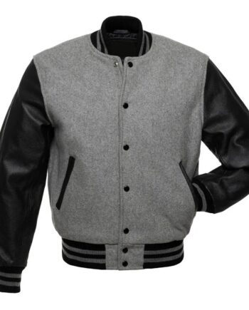 Grey Varsity Jacket with Black Leather Sleeves - Modajacket