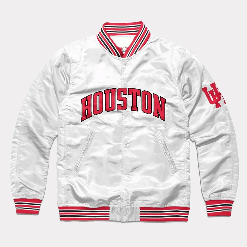 Houston Cougars Script White Varsity Satin Jacket 1 Houston Cougars Script White Varsity Satin Jacket - Modajacket