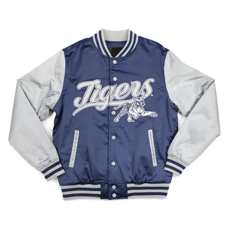 Jackson State Navy and Light Gray Varsity Jacket 1 Jackson State Navy and Light Gray Varsity Jacket - Modajacket