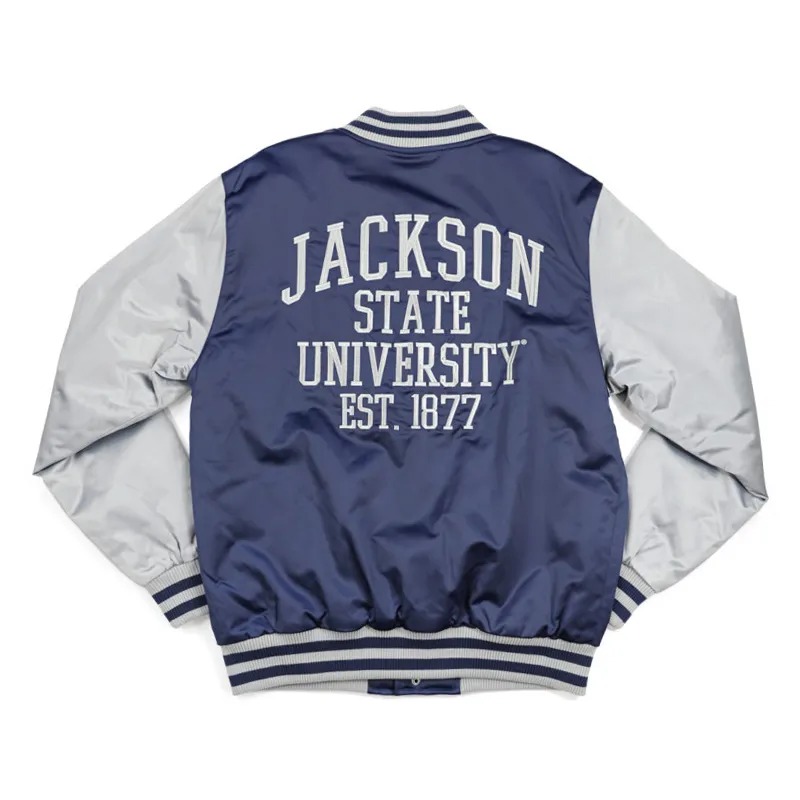 Jackson State Navy and Light Gray Varsity Jacket 2 Jackson State Navy and Light Gray Varsity Jacket