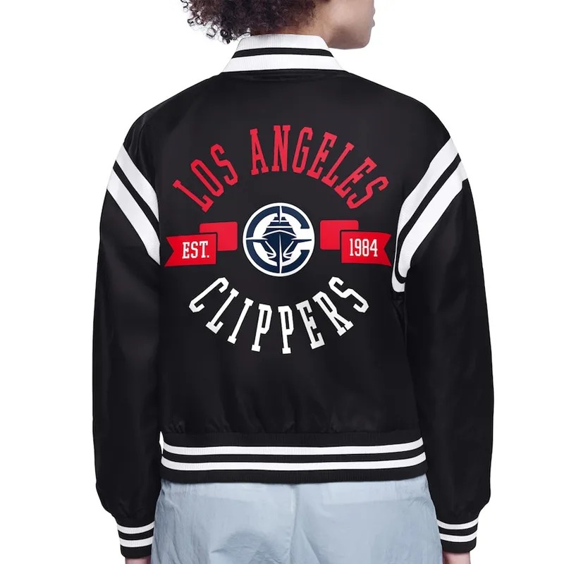 LA Clippers Printed Logo Varsity Satin Jacket 3 LA Clippers Printed Logo Varsity Satin Jacket