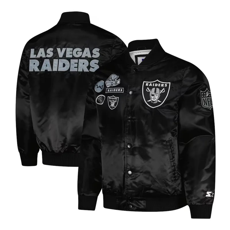 Las Vegas Raiders Exclusive Black Varsity Satin Jacket 3 Las Vegas Raiders Exclusive Black Varsity Satin Jacket