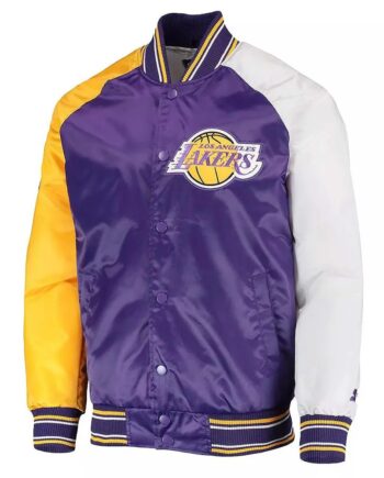 LA Lakers Purple Yellow and White Reliever Varsity Satin Jacket - Modajacket