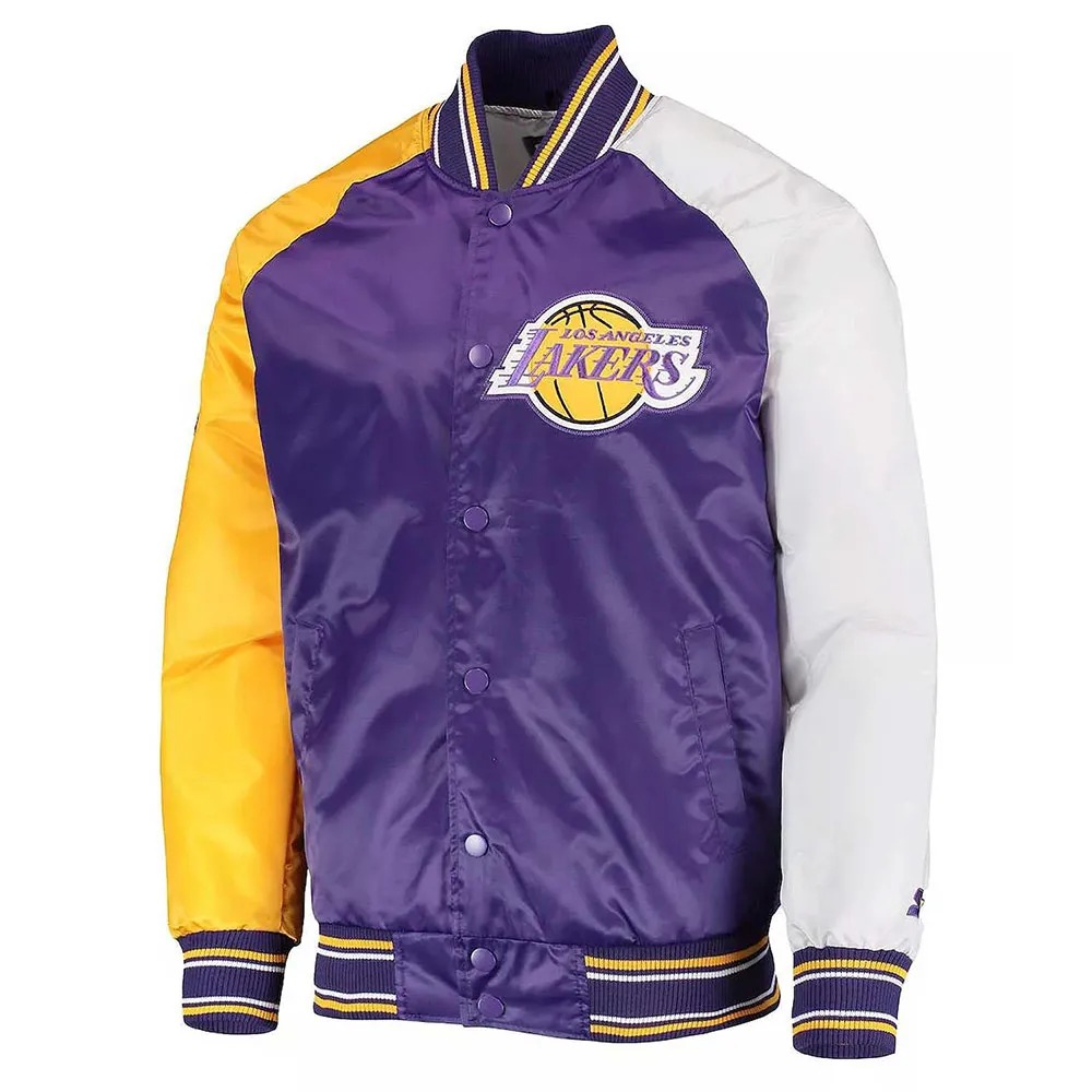 LA Lakers Purple Yellow and White Reliever Varsity Satin Jacket 1 LA Lakers Purple Yellow and White Reliever Varsity Satin Jacket - Modajacket