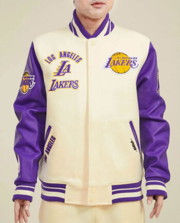 LA Lakers Retro Classic Rib Off White and Purple Varsity Jacket - Modajacket