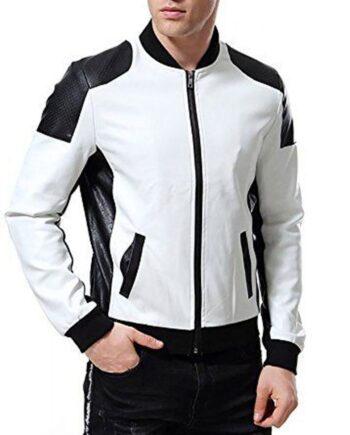 Men Black & White Leather Biker Bomber Jacket - Modajacket