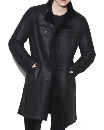 Men Black Leather Shearling Coat - Modajacket