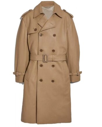 Men Double Breasted Light Brown Leather Coat with Belt - Modajacket