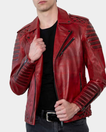 Men Red Padded Leather Biker Jacket - Modajacket