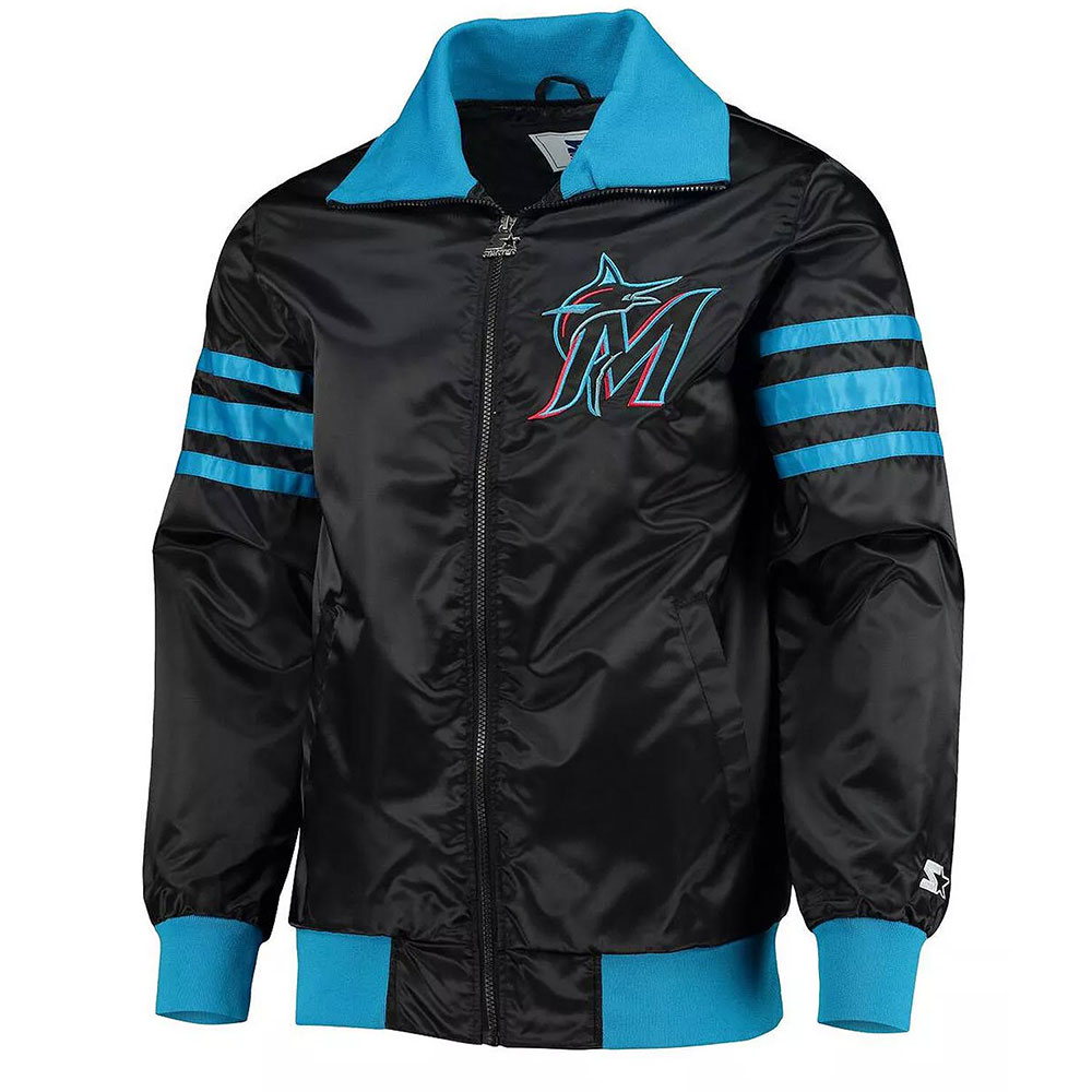 Miami Marlins The Captain II Black Varsity Satin Jacket 1 Miami Marlins The Captain II Black Varsity Satin Jacket - Modajacket