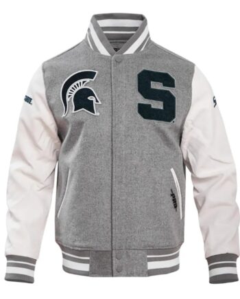 Michigan State University Heather Grey and White Varsity Jacket - Modajacket